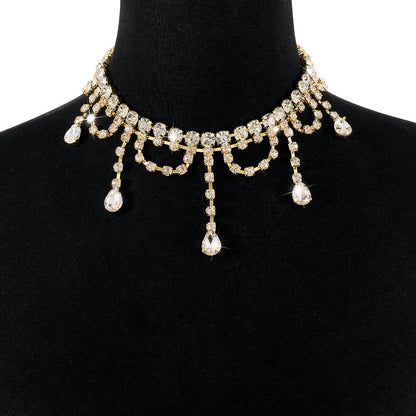 Crystal and Cubic Zirconia Drop Tassel Choker, chunky choker necklace, botanical inspired, detail close-up
