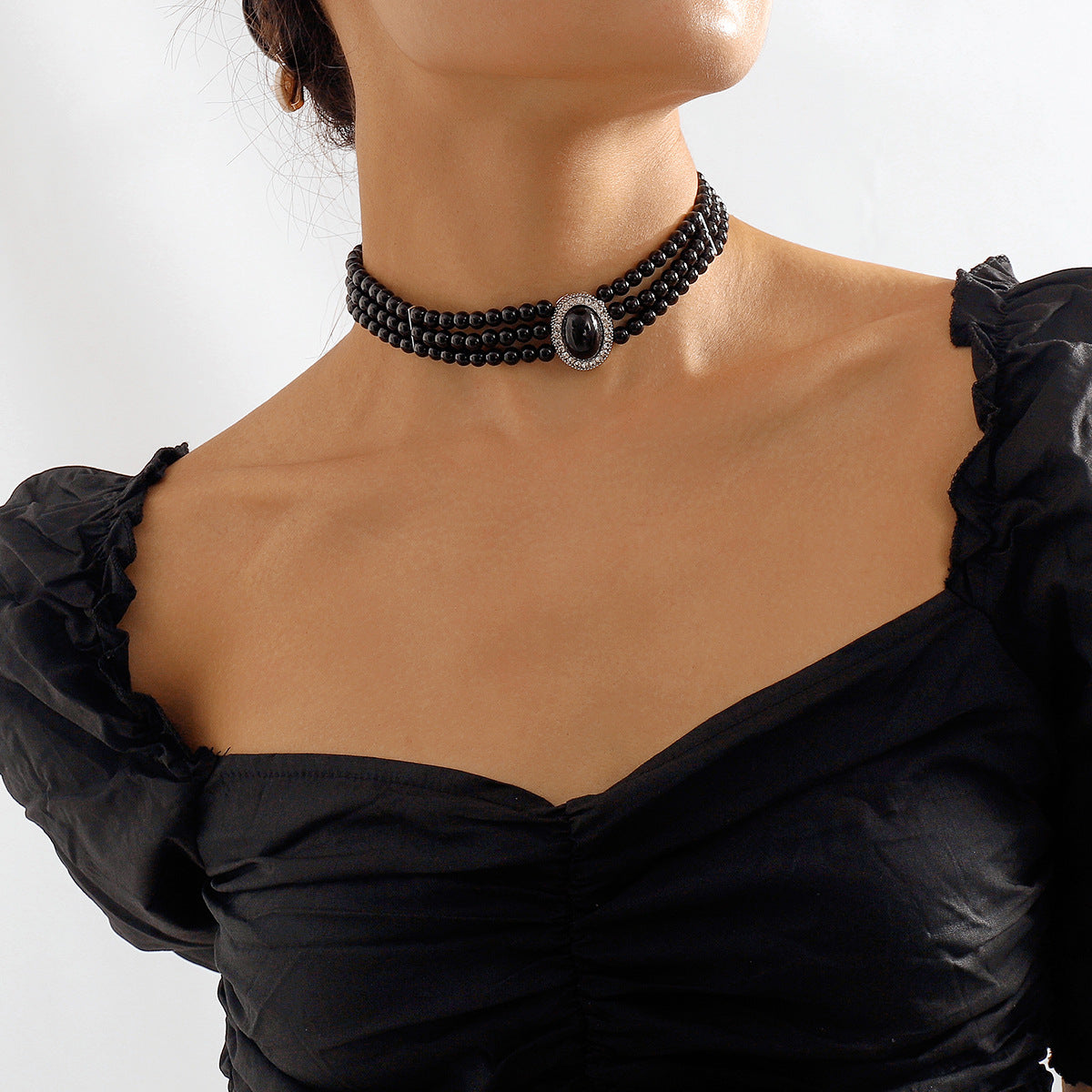Cubic Zirconia & Black Resin Silver-Plated Oval Layered Choker Necklace