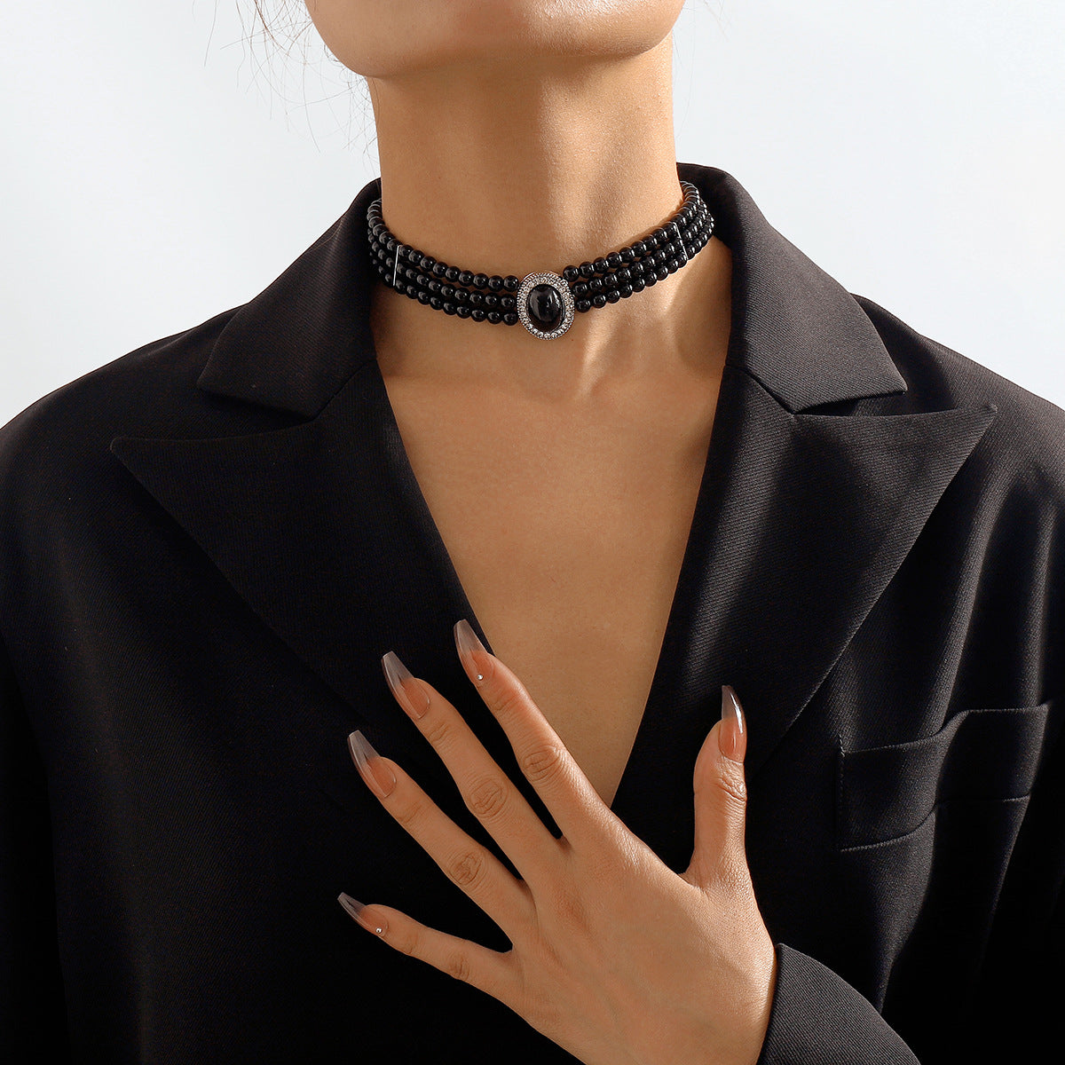 Cubic Zirconia & Black Resin Silver-Plated Oval Layered Choker Necklace