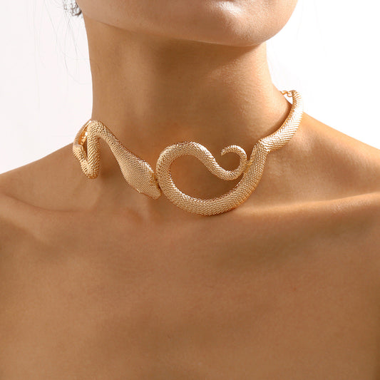 18K Gold-Plated Textured Snake Choker, chunky gold choker necklace, everyday style, front view