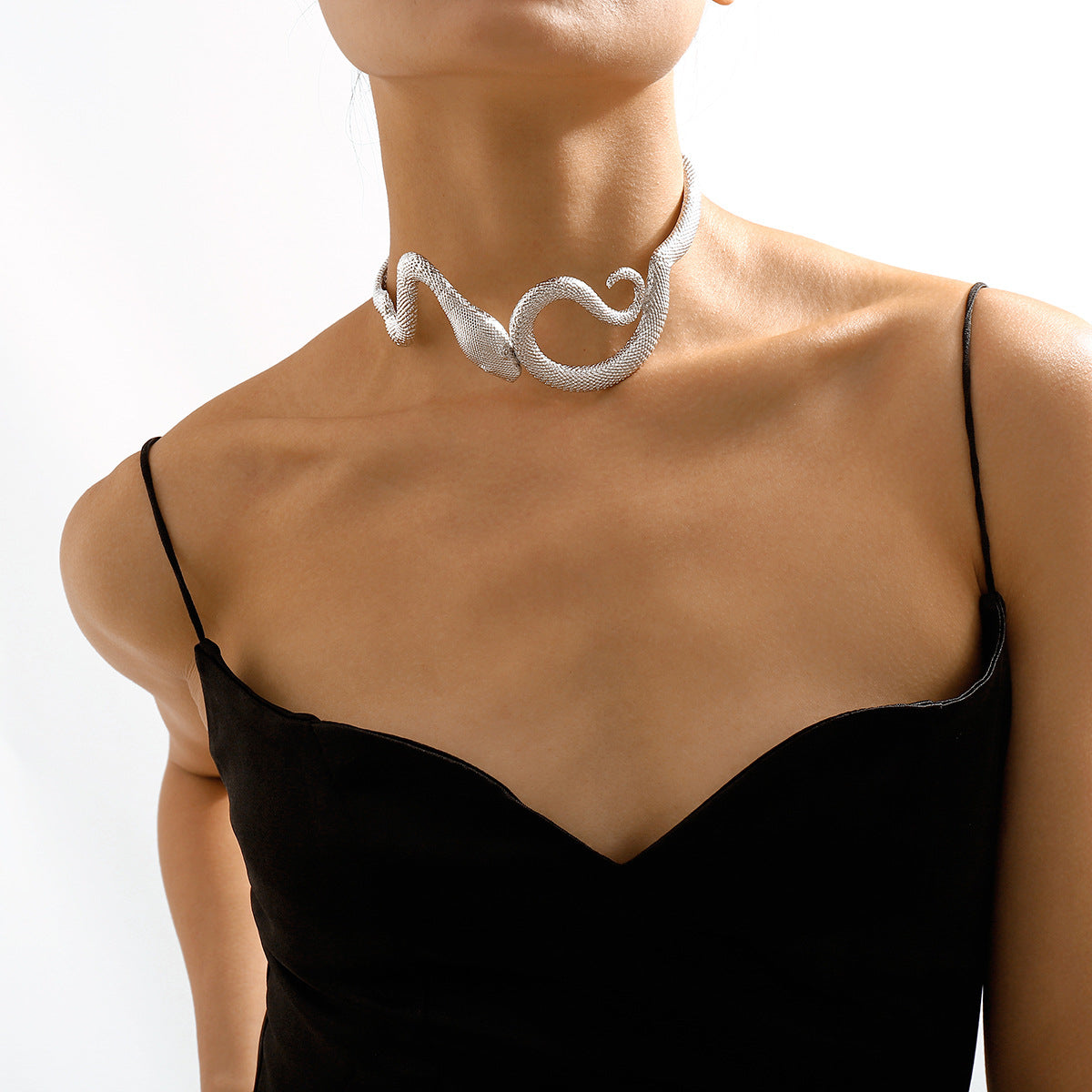 Silver-Plated Textured Snake Choker, chunky silver choker necklace, elegant gift for her, side view