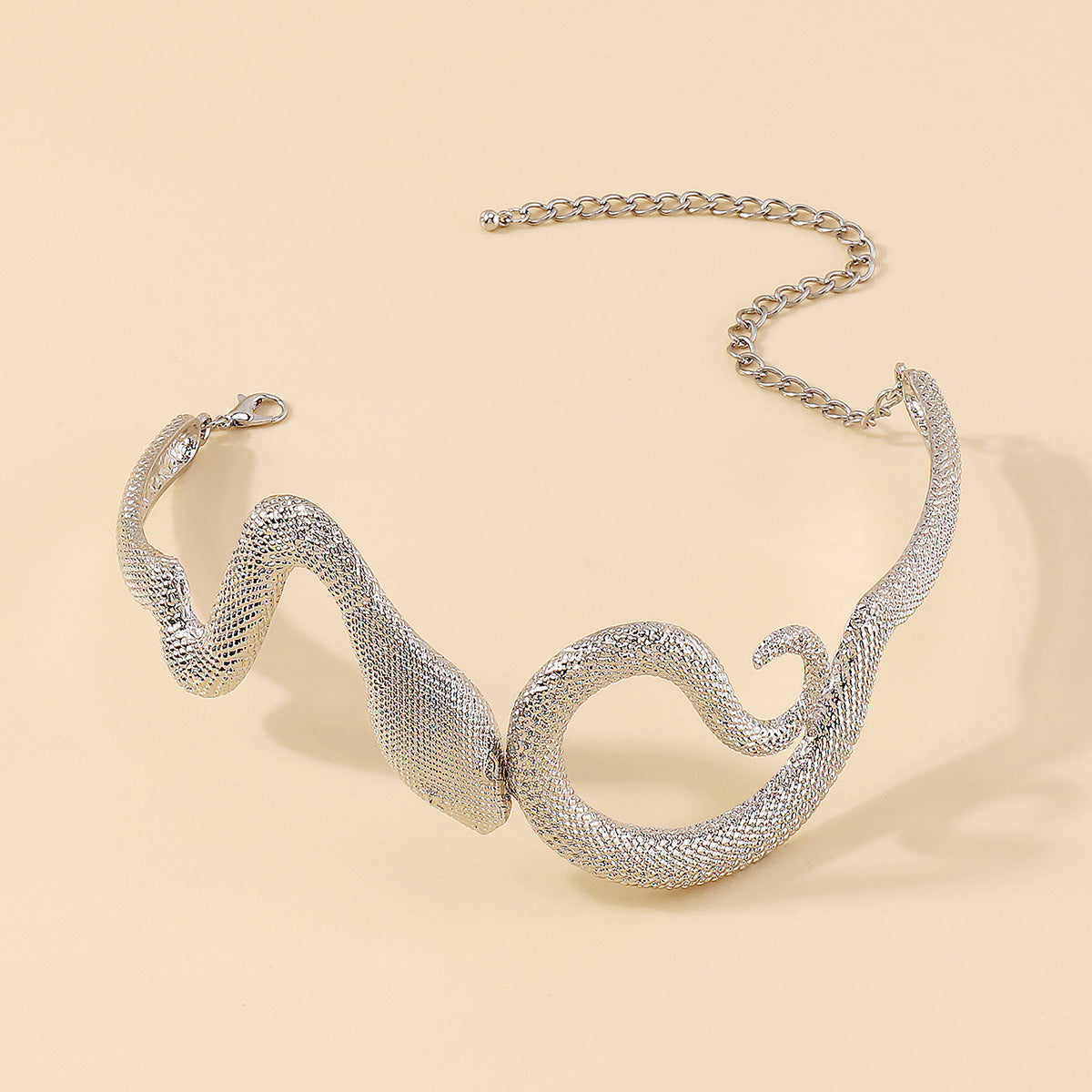 Silver-Plated Textured Snake Choker, chunky silver choker necklace, elegant gift for her, lifestyle look
