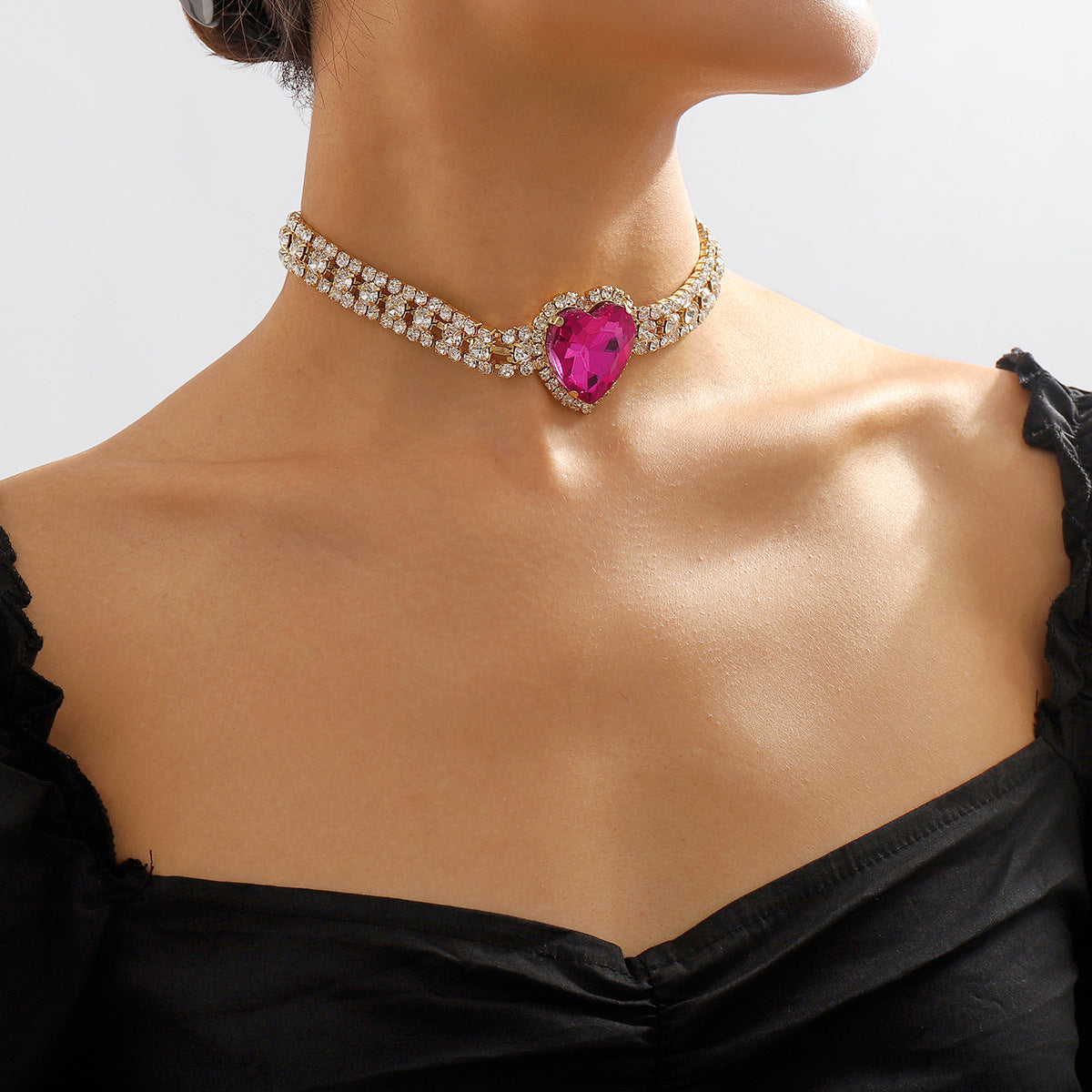 Rose Crystal & Cubic Zirconia Heart Layered Pendant Choker