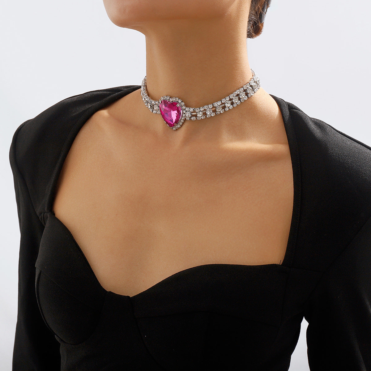 Pink Crystal & Cubic Zirconia Heart Layered Pendant Choker