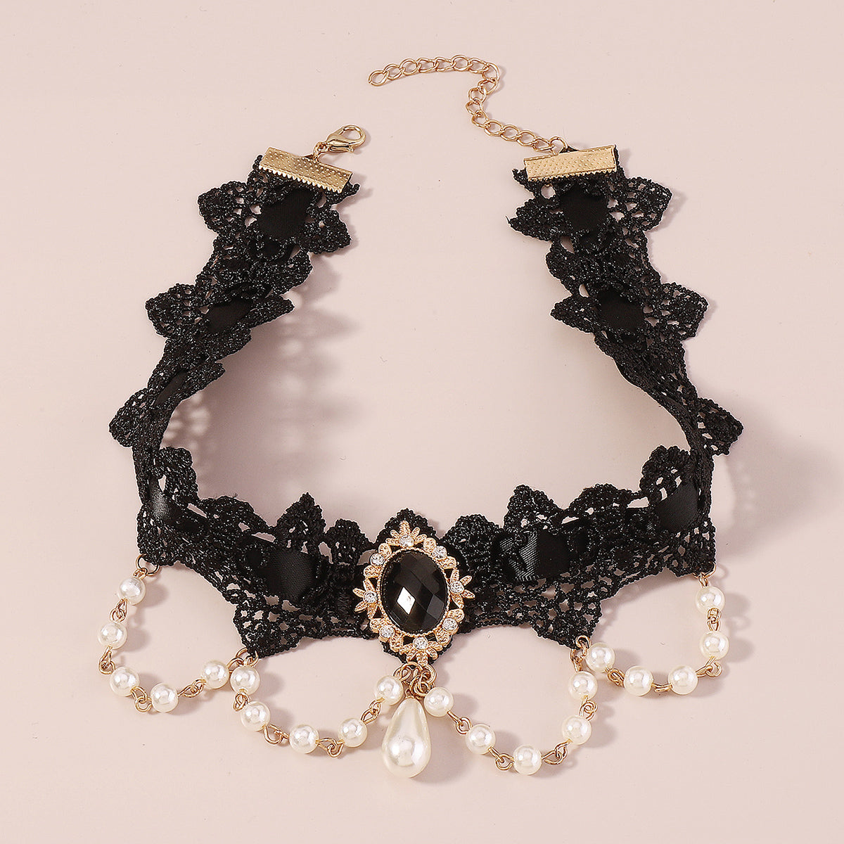 Pearl & Black Crystal Halloween Choker