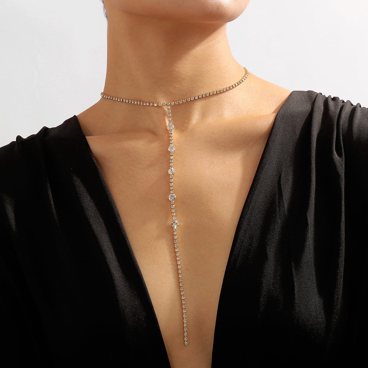 Cubic Zirconia and 18K Gold-Plated Lariat Necklace, gold pendant necklace for women, dainty minimalist design, front view
