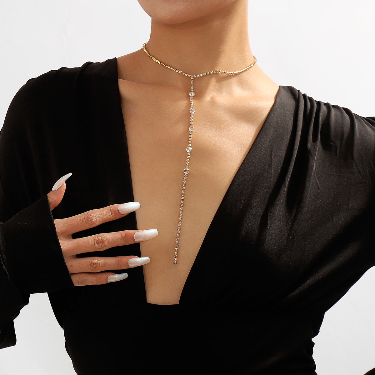 Cubic Zirconia and 18K Gold-Plated Lariat Necklace, gold pendant necklace for women, dainty minimalist design, side view