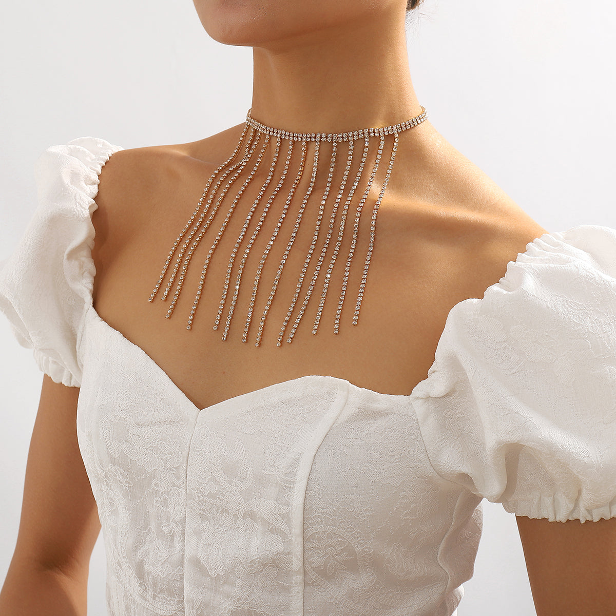 Cubic Zirconia and 18K Gold-Plated Tassel Choker, gold pendant necklace for women, everyday style, detail close-up