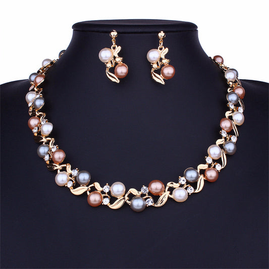 Pearl and Cubic Zirconia 18K Gold-Plated Chain Necklace and Drop Earrings, gold drop earrings for women, front view