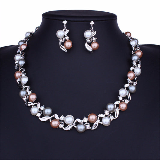 Pearl and Cubic Zirconia Silver-Plated Chain Necklace and Drop Earrings, silver drop earrings for women, front view