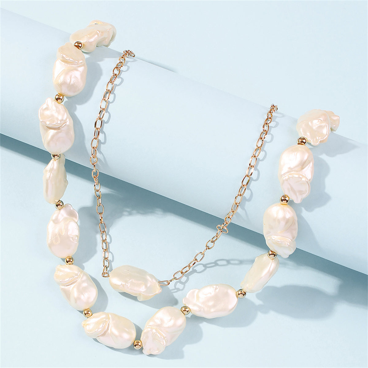 Pearl and 18K Gold-Plated Beaded Necklace Set, gold pendant necklace for women, botanical inspired, front view