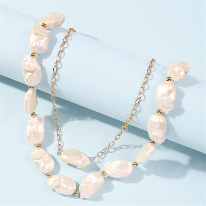 Pearl and 18K Gold-Plated Beaded Necklace Set, gold pendant necklace for women, botanical inspired, front view