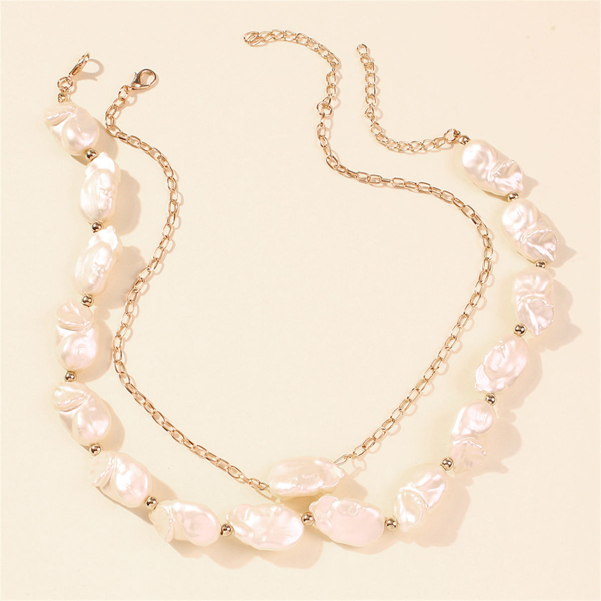 Pearl and 18K Gold-Plated Beaded Necklace Set, gold pendant necklace for women, botanical inspired, detail close-up