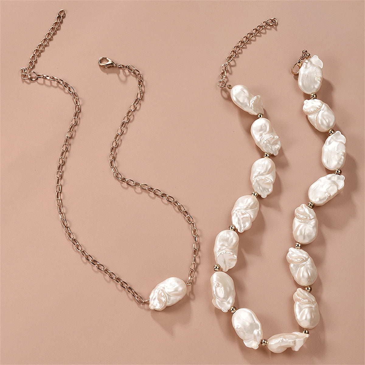 Pearl and 18K Gold-Plated Beaded Necklace Set, gold pendant necklace for women, botanical inspired, styled look