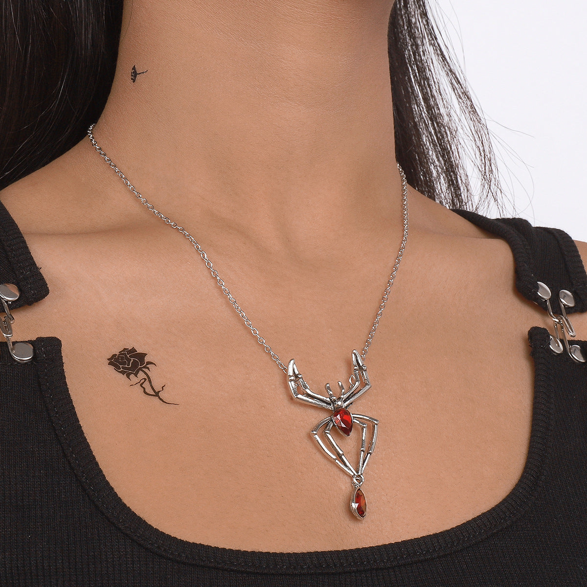Red Crystal and Silver-Plated Spider Pendant Necklace, silver pendant necklace for women, everyday style, side view