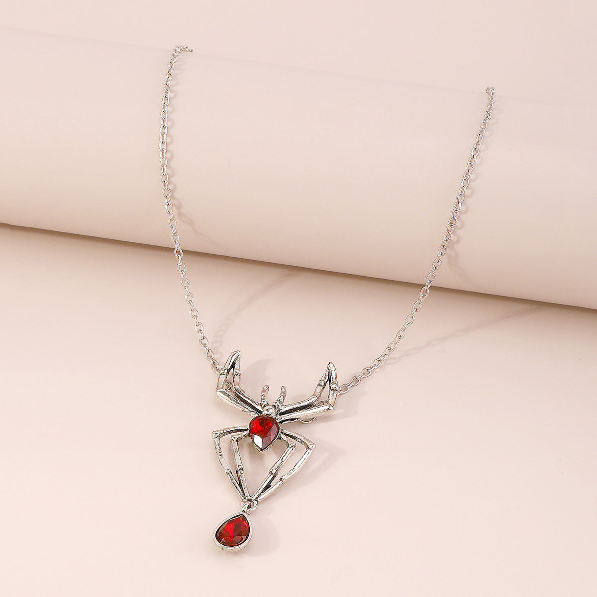 Red Crystal and Silver-Plated Spider Pendant Necklace, silver pendant necklace for women, everyday style, lifestyle look