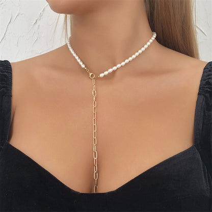 Pearl and 18K Gold-Plated Chain Necklace, gold pendant necklace for women, botanical inspired, side view