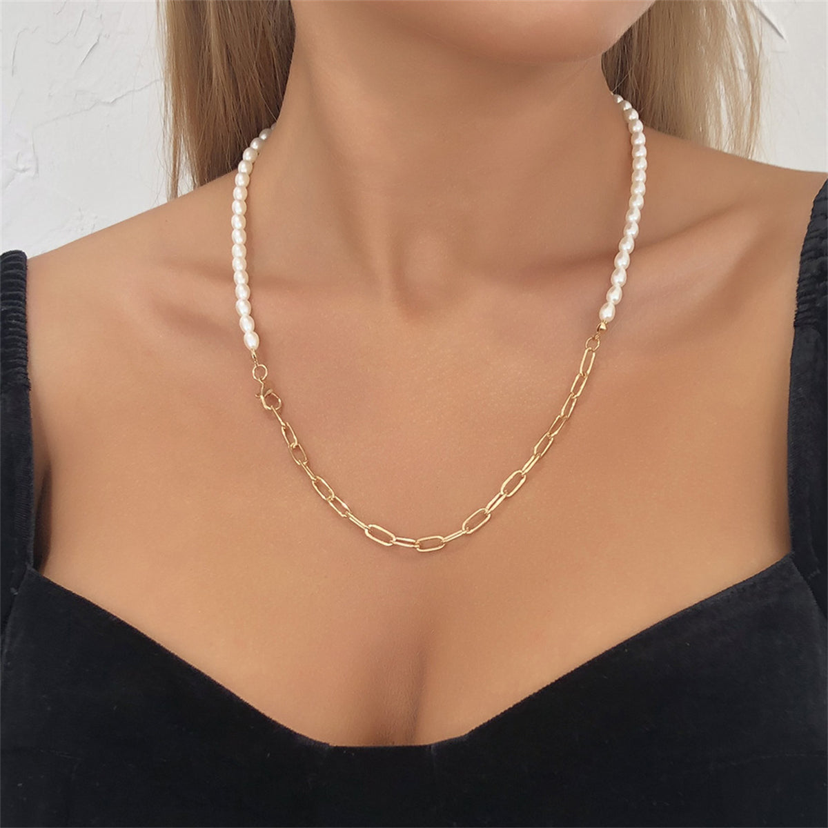 Pearl and 18K Gold-Plated Chain Necklace, gold pendant necklace for women, botanical inspired, front view