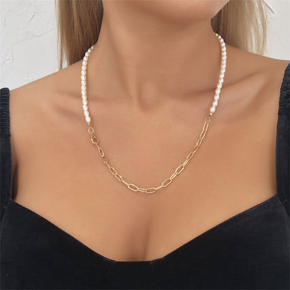Pearl and 18K Gold-Plated Chain Necklace, gold pendant necklace for women, botanical inspired, front view