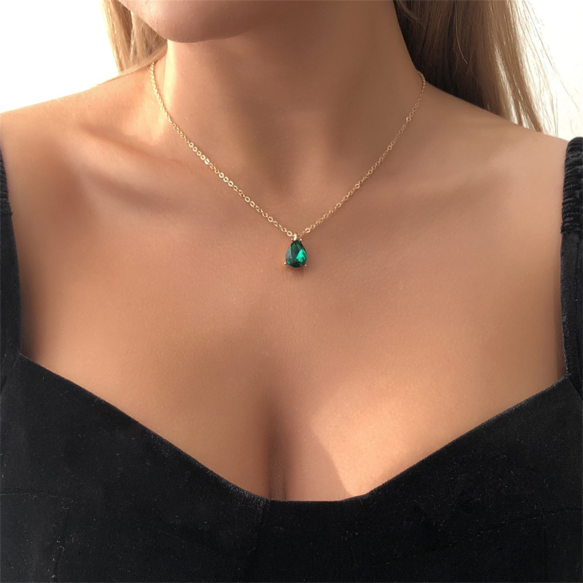 Green Crystal and 18K Gold-Plated Teardrop Pendant Necklace, gold pendant necklace for women, front view