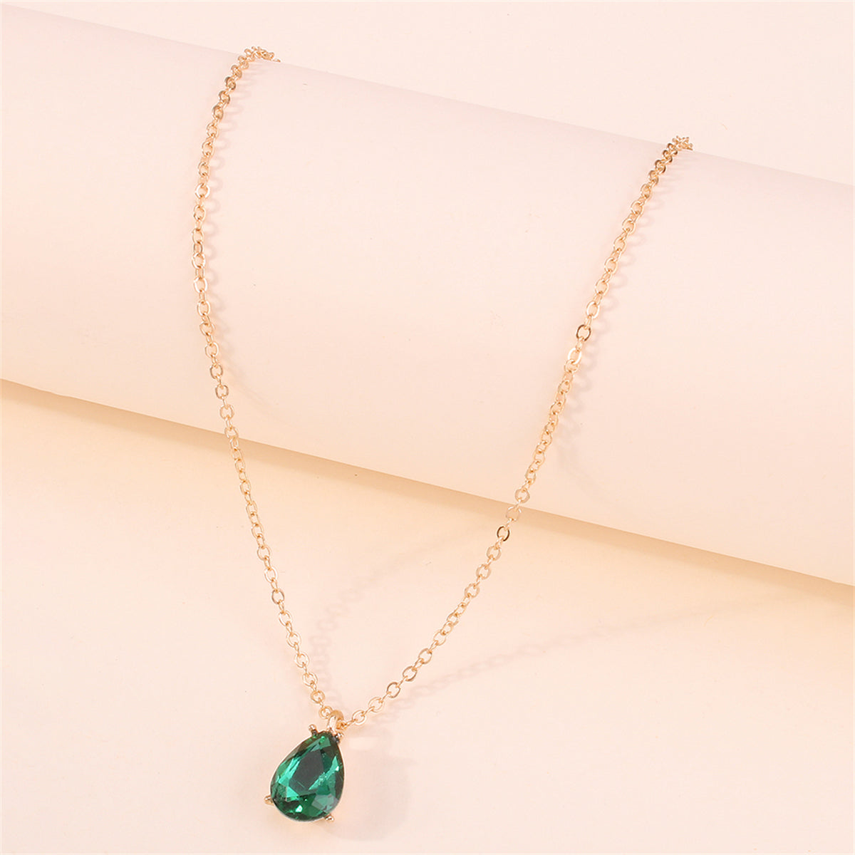 Green Crystal and 18K Gold-Plated Teardrop Pendant Necklace, gold pendant necklace for women, detail close-up