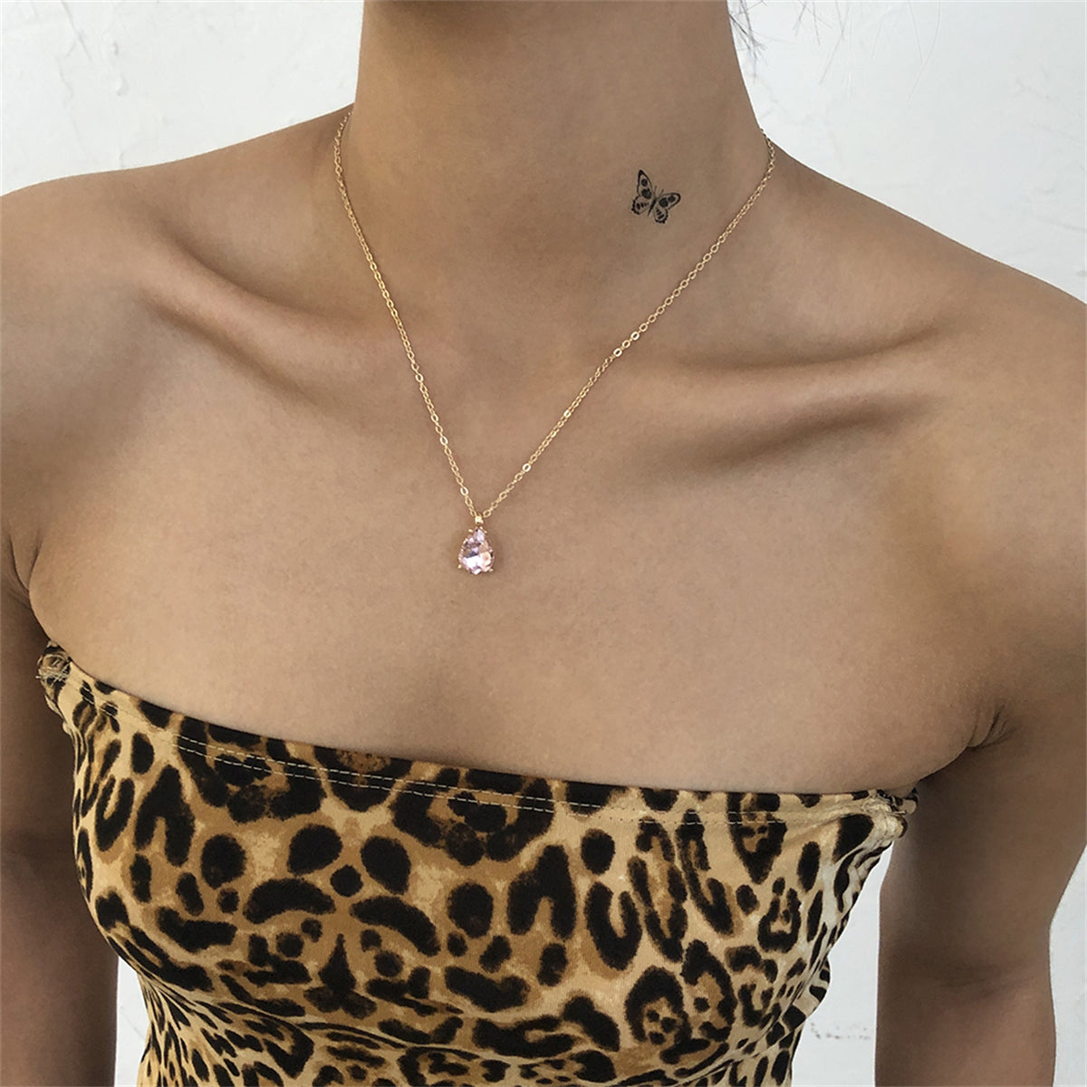 Pink Crystal and 18K Gold-Plated Teardrop Pendant Necklace, gold pendant necklace for women, side view