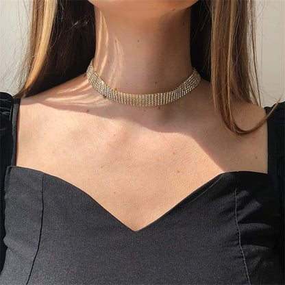 Cubic Zirconia and 18K Gold-Plated Layered Choker, chunky gold choker necklace, dainty minimalist design, front view