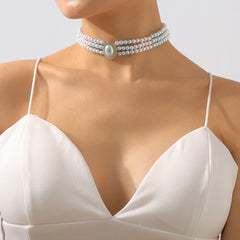 Light Blue Pearl & Cubic Zirconia 18K Gold-Plated Oval Layered Choker Necklace