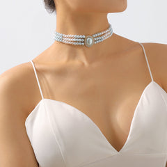 Light Blue Pearl & Cubic Zirconia 18K Gold-Plated Oval Layered Choker Necklace