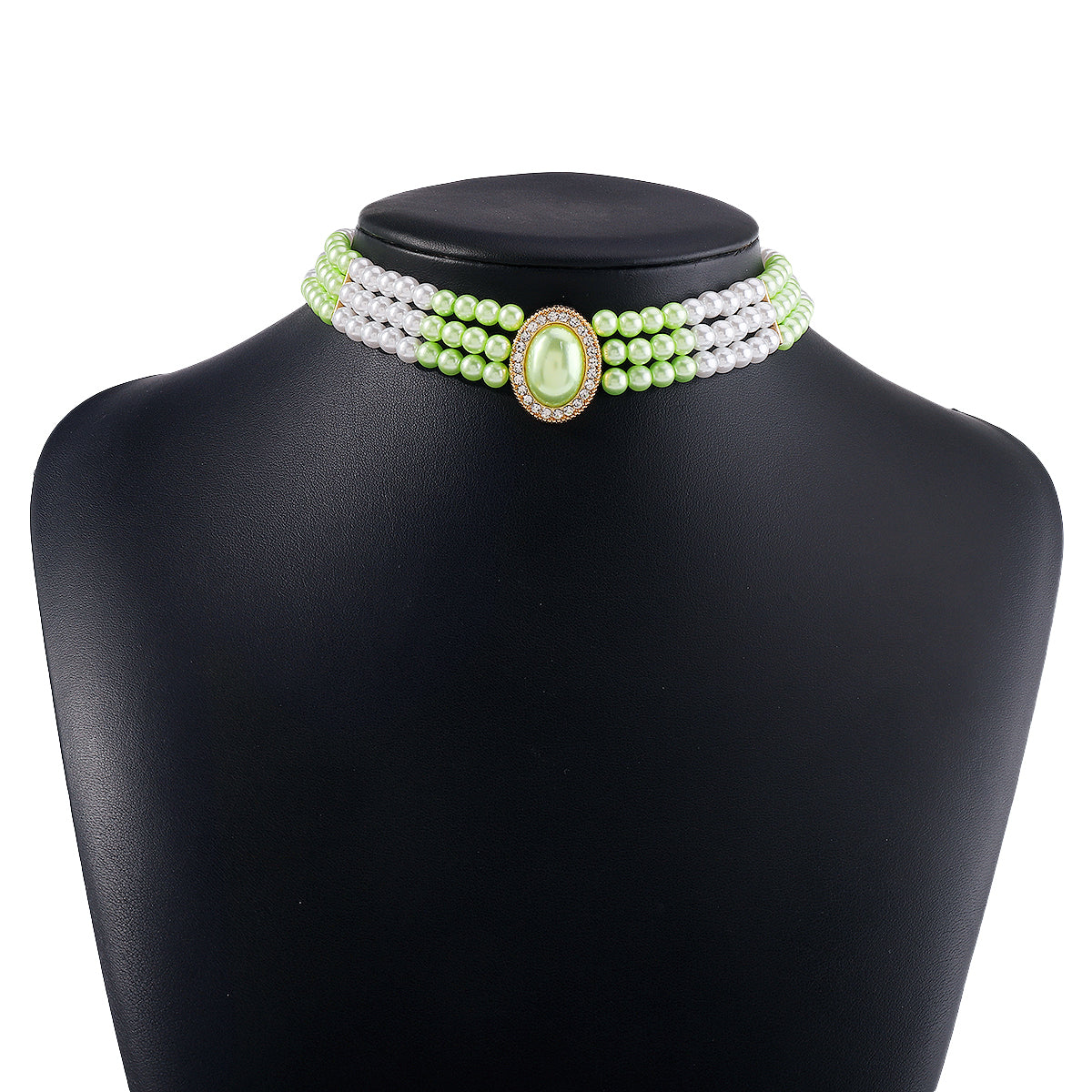 Light Green Pearl & Cubic Zirconia 18K Gold-Plated Oval Layered Choker Necklace