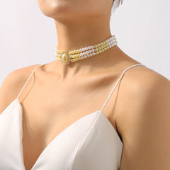 Light Yellow Pearl & Cubic Zirconia 18K Gold-Plated Oval Layered Choker Necklace