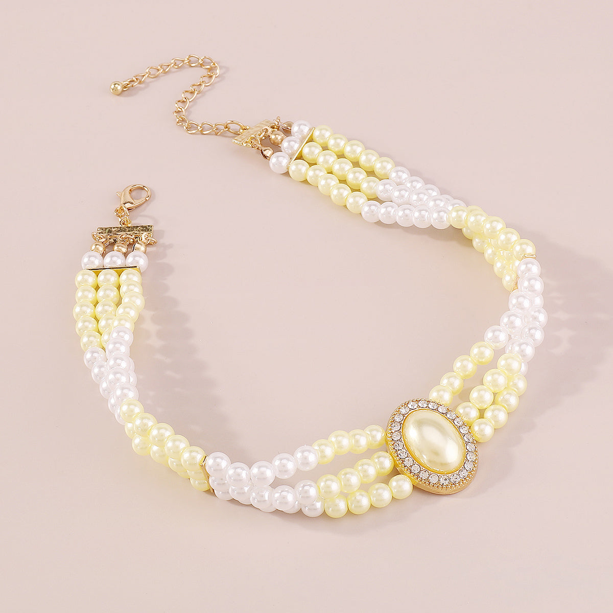 Light Yellow Pearl & Cubic Zirconia 18K Gold-Plated Oval Layered Choker Necklace
