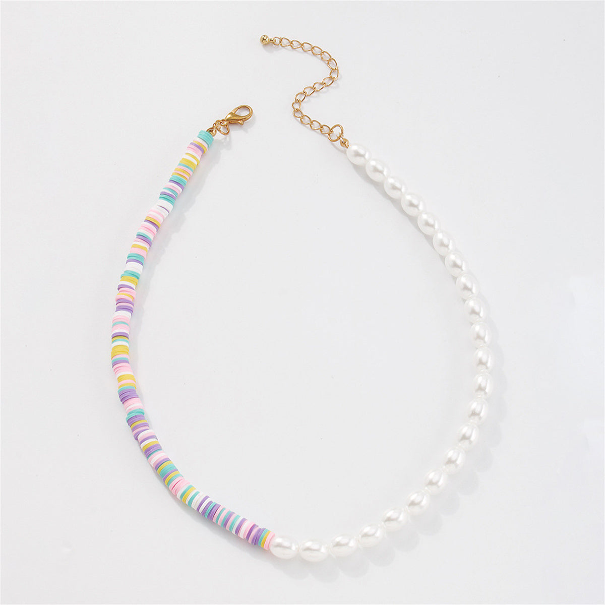 Purple Polymer Clay and Pearl Disc Beaded Necklace, pendant necklace for women, dainty minimalist design, front view