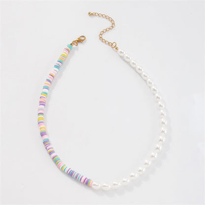 Purple Polymer Clay and Pearl Disc Beaded Necklace, pendant necklace for women, dainty minimalist design, front view