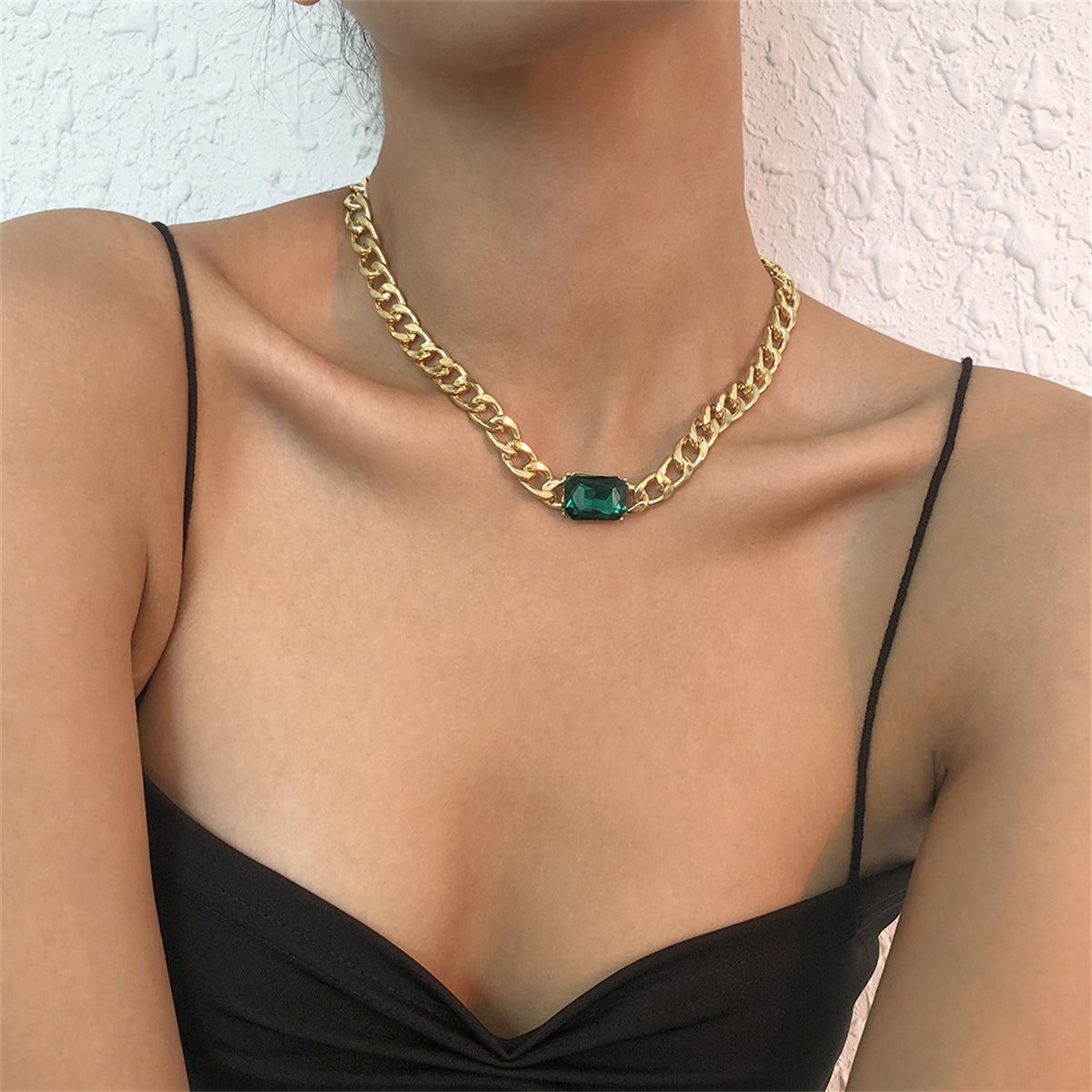 Green Crystal & 18K Gold-Plated Curb Chain Necklace