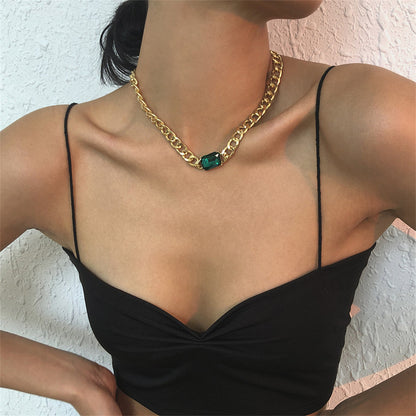 Green Crystal and 18K Gold-Plated Curb Chain Necklace, gold pendant necklace for women, everyday style, side view