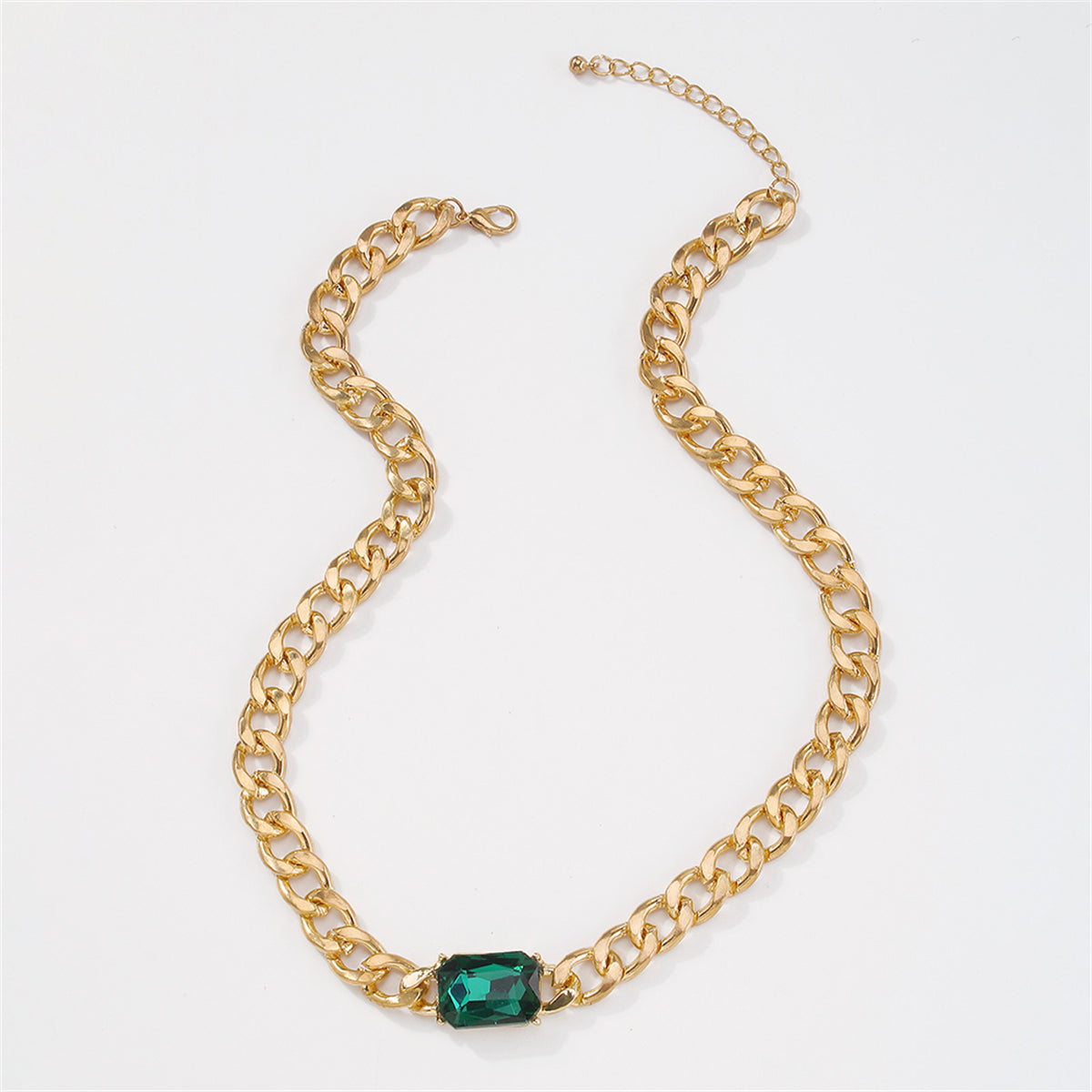 Green Crystal and 18K Gold-Plated Curb Chain Necklace, gold pendant necklace for women, everyday style, lifestyle look