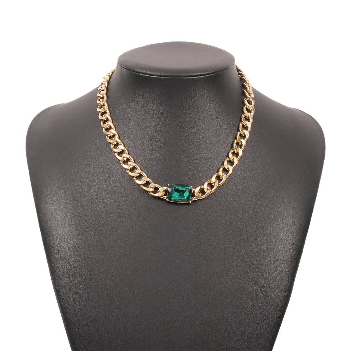 Green Crystal and 18K Gold-Plated Curb Chain Necklace, gold pendant necklace for women, everyday style, styled look