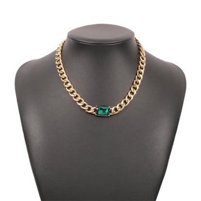Green Crystal and 18K Gold-Plated Curb Chain Necklace, gold pendant necklace for women, everyday style, styled look
