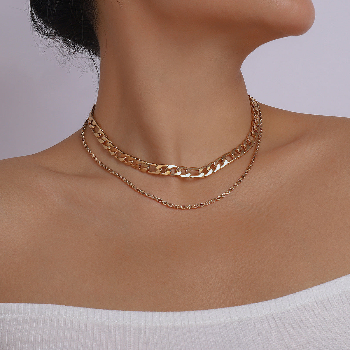 18K Gold-Plated Curb & Twine Chain Layered Necklace