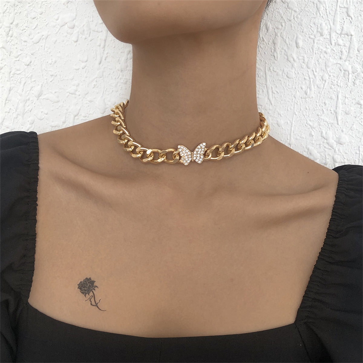 Cubic Zirconia and 18K Gold-Plated Curb Chain Butterfly Choker, chunky gold choker necklace, front view