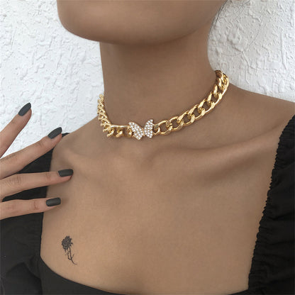 Cubic Zirconia and 18K Gold-Plated Curb Chain Butterfly Choker, chunky gold choker necklace, side view
