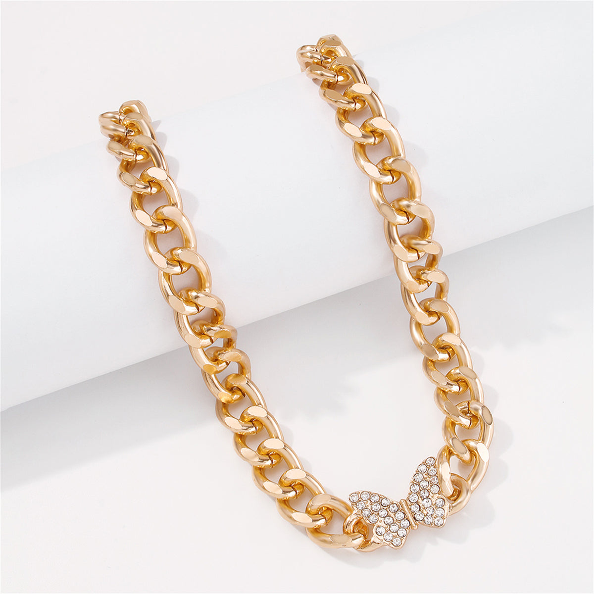 Cubic Zirconia and 18K Gold-Plated Curb Chain Butterfly Choker, chunky gold choker necklace, detail close-up