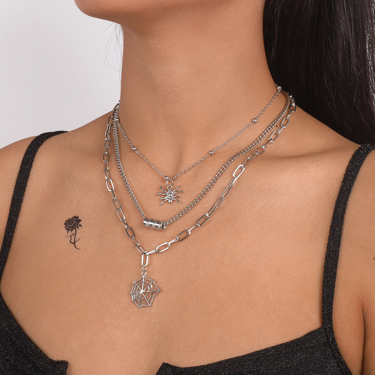 Silver-Plated Spider Web Layered Pendant Necklace, silver pendant necklace for women, everyday style, front view