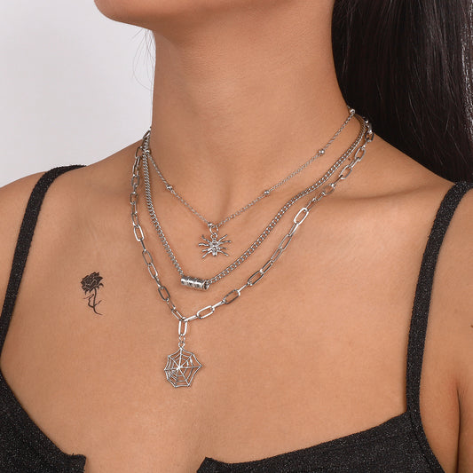 Silver-Plated Spider Web Layered Pendant Necklace, silver pendant necklace for women, everyday style, front view