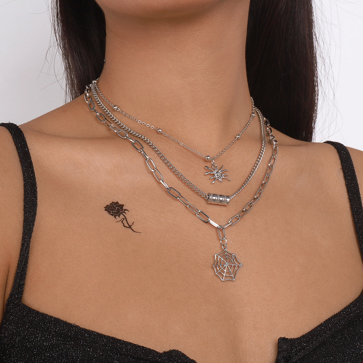 Silver-Plated Spider Web Layered Pendant Necklace, silver pendant necklace for women, everyday style, side view
