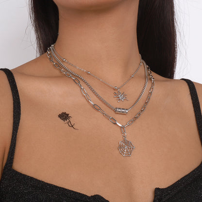 Silver-Plated Spider Web Layered Pendant Necklace, silver pendant necklace for women, everyday style, side view