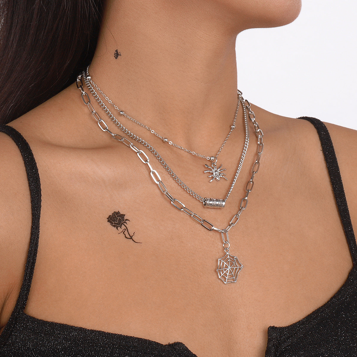 Silver-Plated Spider Web Layered Pendant Necklace, silver pendant necklace for women, everyday style, detail close-up