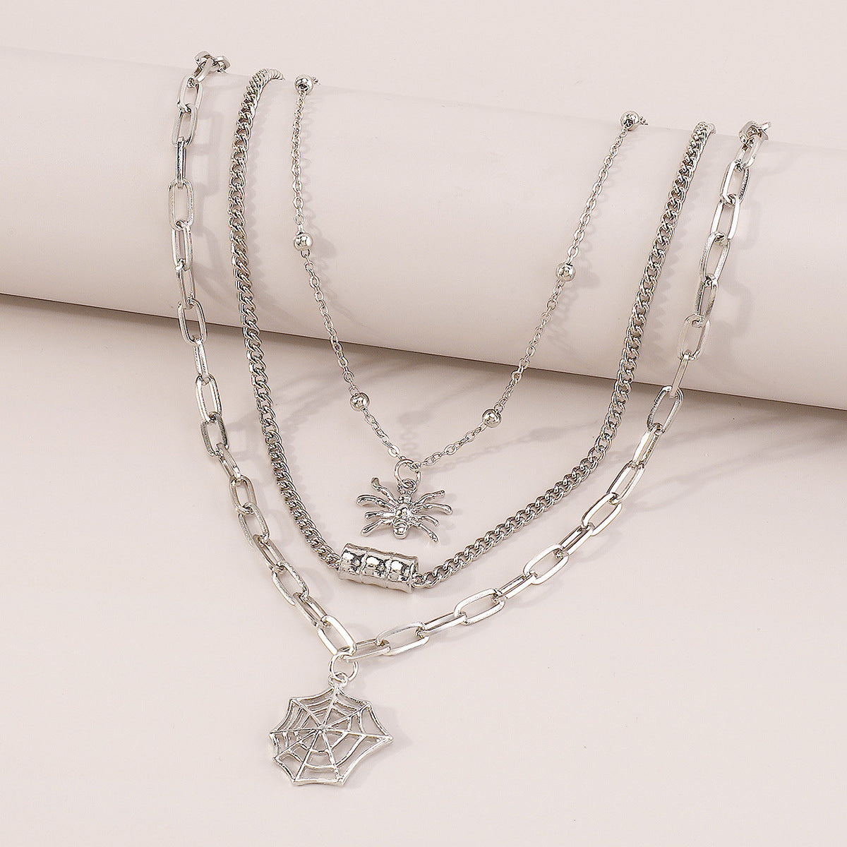 Silver-Plated Spider Web Layered Pendant Necklace