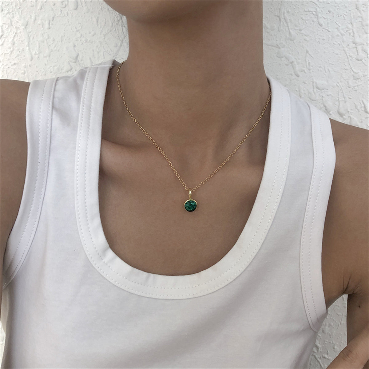 Green Cubic Zirconia and 18K Gold-Plated Circle Pendant Necklace, gold pendant necklace for women, everyday style, front view